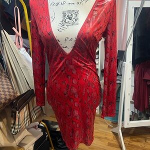 Fashion Nova Red Snake Print Long Sleeve Dress
